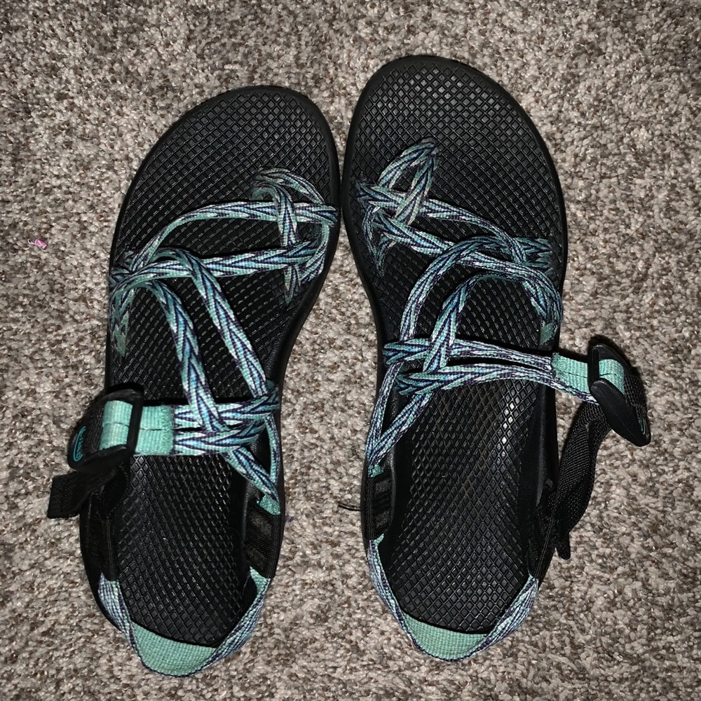 Blue green striped Chacos!